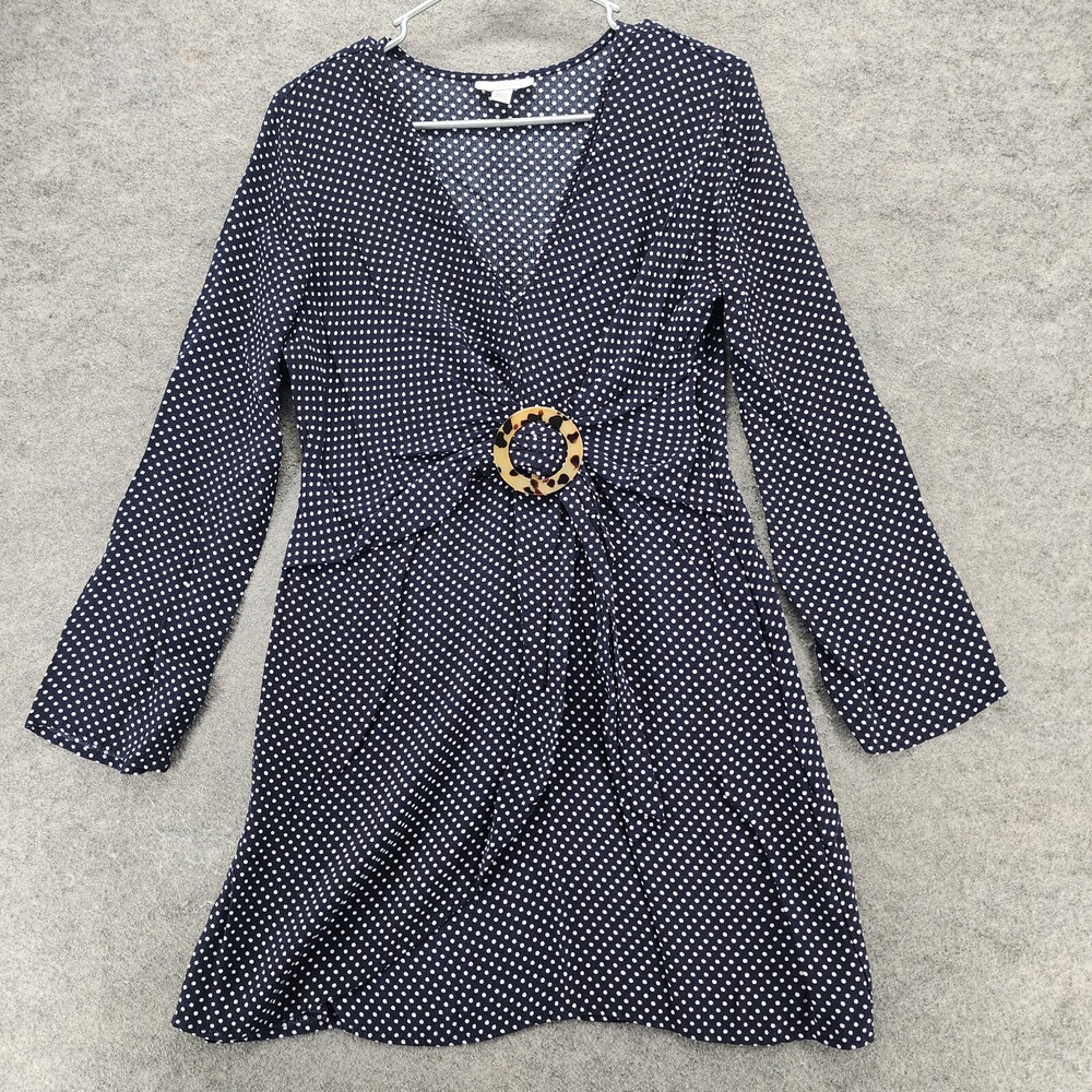 Topshop Dress Womens 8 Long Sleeve V Neck Blue Polka Dot